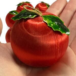 10 Vintage MCM Red Round Fruit Satin Silky Christmas Ornaments Apple Balls 3"‎